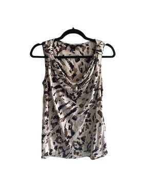 ST JOHN Sleeveless Silk Draped Printed Blouse Tank Top White Tan Black XS/S